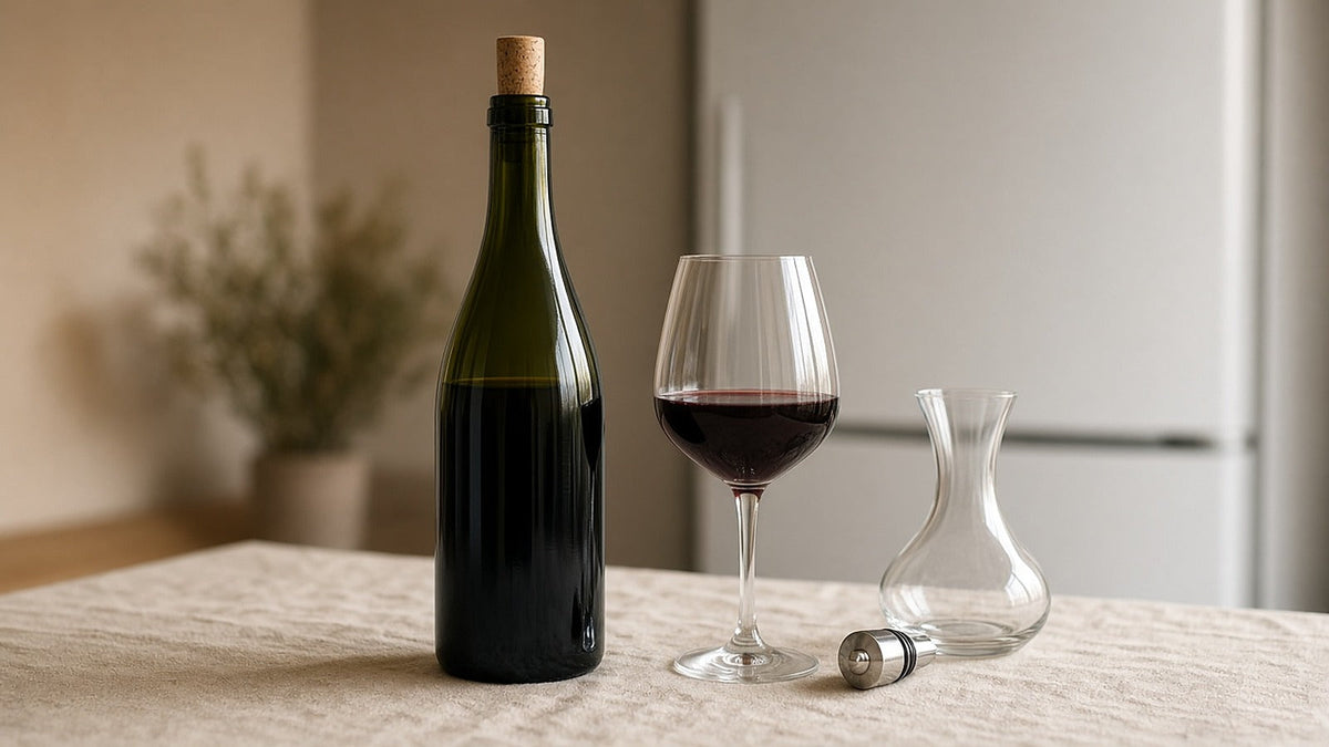 Garrafa de vinho aberta e fechada com rolha, copo de vinho tinto e pequeno decantador numa bancada de cozinha
