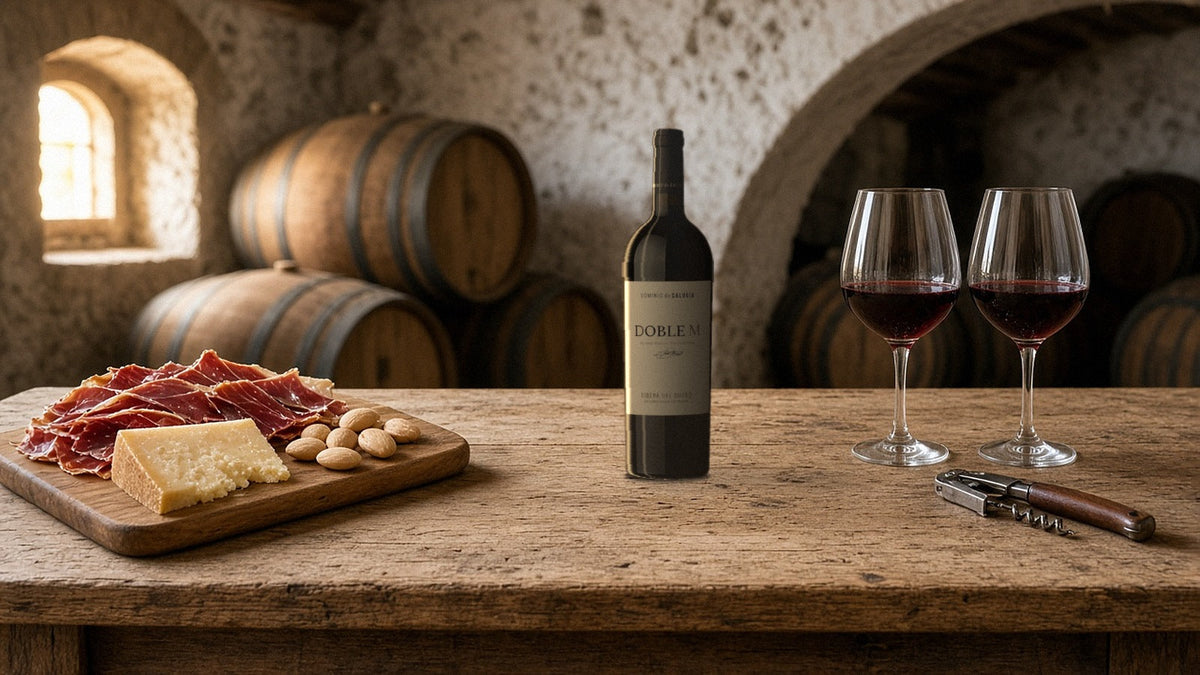 Garrafa de Dominio de Calogía Doble M, Ribera del Duero, numa mesa de adega com presunto, queijo e dois copos de vinho tinto