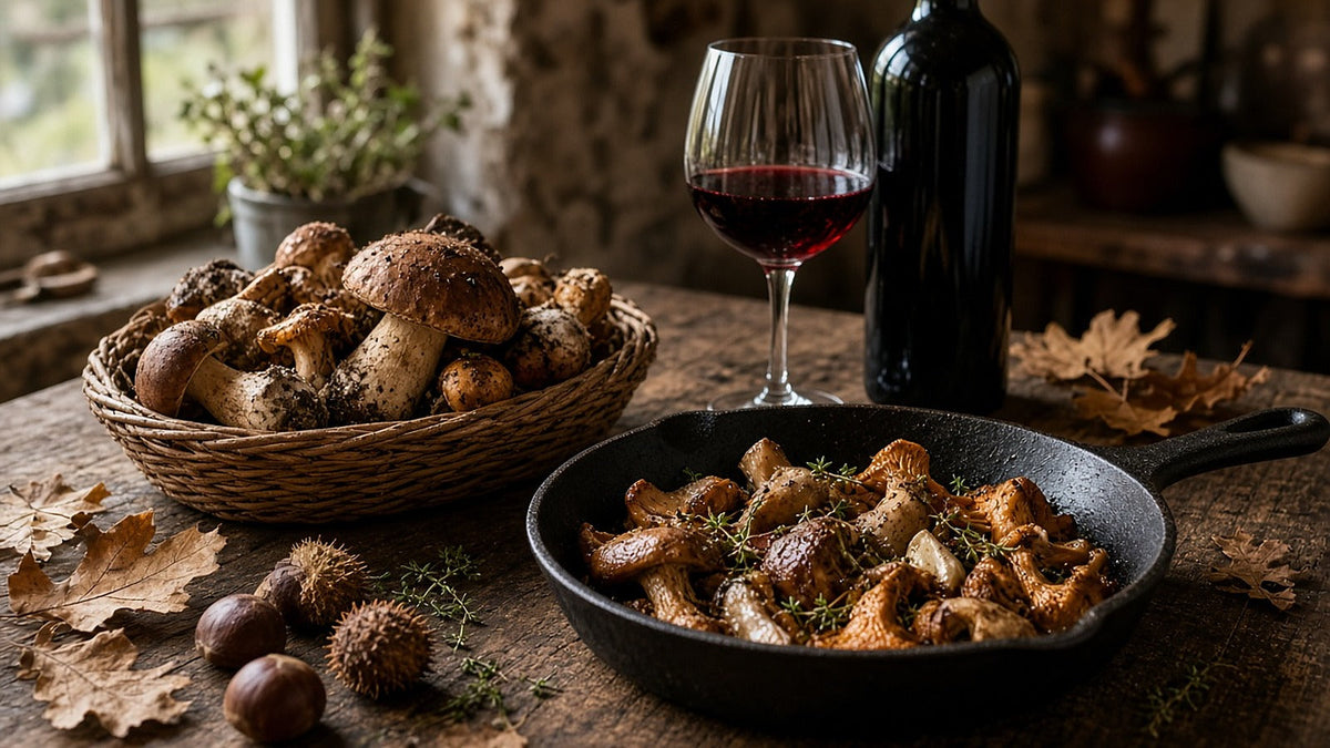 Cogumelos silvestres salteados numa frigideira de ferro, cesto de cogumelos e copo de vinho tinto numa mesa de madeira no outono
