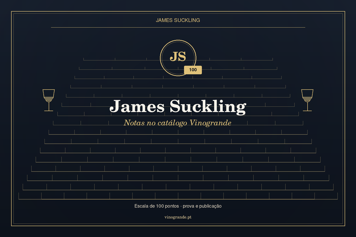 Capa editorial James Suckling — iniciais JS, escala 100, Vinogrande