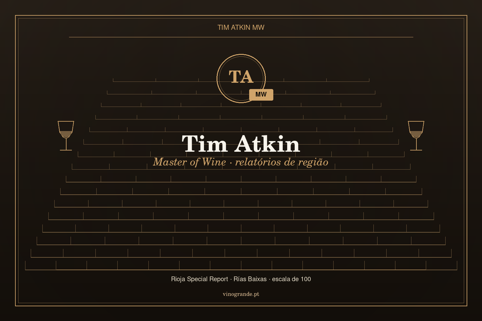 Capa editorial Tim Atkin MW — iniciais TA, selo MW, Vinogrande