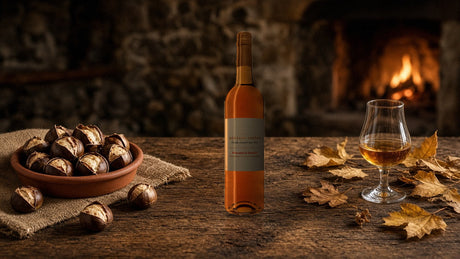A bottle of Moscatel de Setúbal Horácio Simões with roast chestnuts and a small glass, for São Martinho's magusto