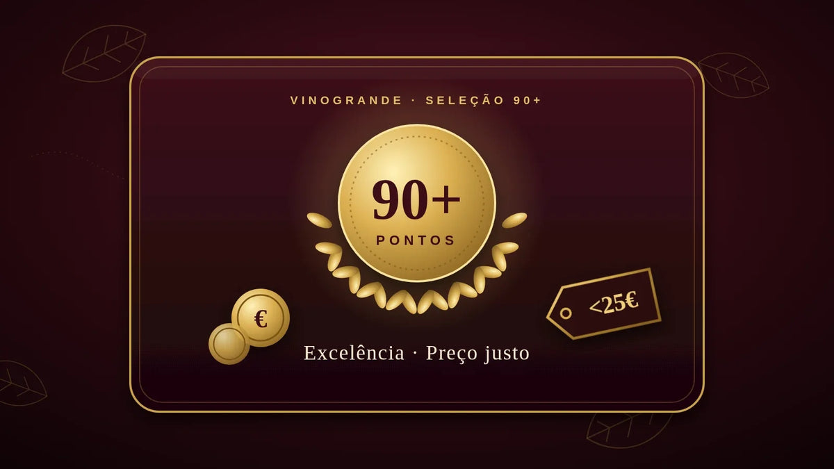 Selo dourado 90+ pontos com louros, moeda e etiqueta de preço — vinhos de excelência a preço justo