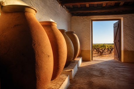 Talhas de barro numa adega alentejana com vinhas velhas ao fundo.