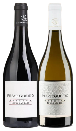 Pack Natal Quinta do Pessegueiro Reserva: Pessegueiro Reserva Red 2023 and Reserva White 2024, side by side