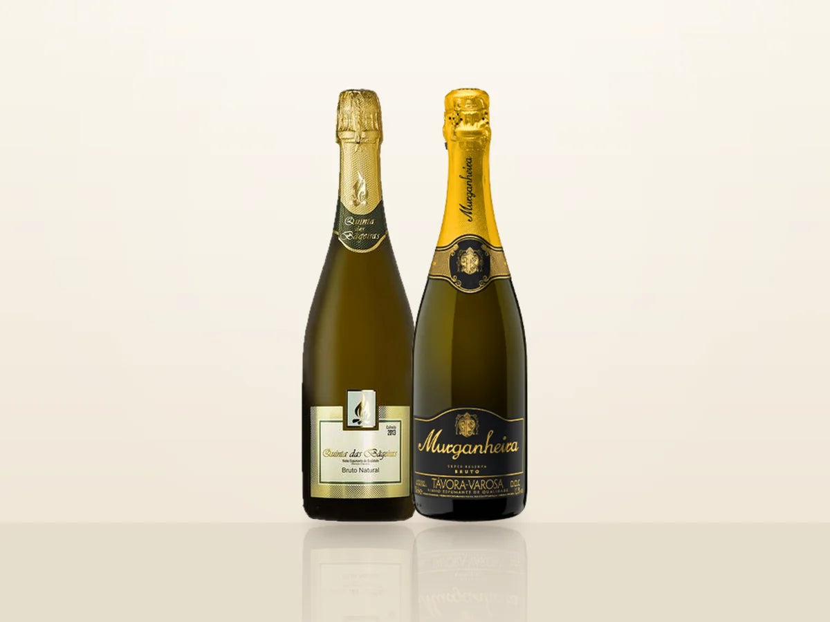 Pack Natal Borbulhas Portuguesas: Quinta das Bágeiras Espumante Bruto Branco e Murganheira Espumante Super Reserva Bruto 2021, lado a lado