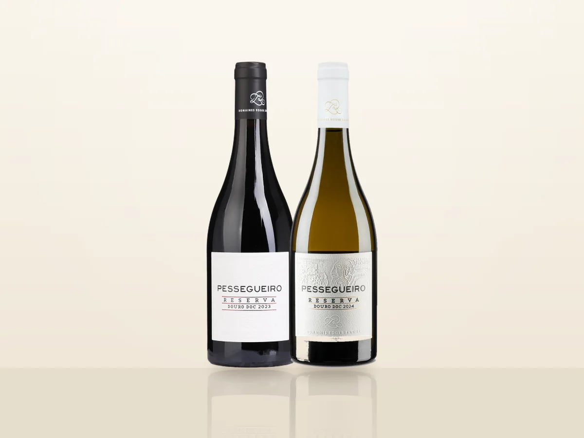 Pack Natal Quinta do Pessegueiro Reserva: Pessegueiro Reserva Red 2023 and Reserva White 2024, side by side
